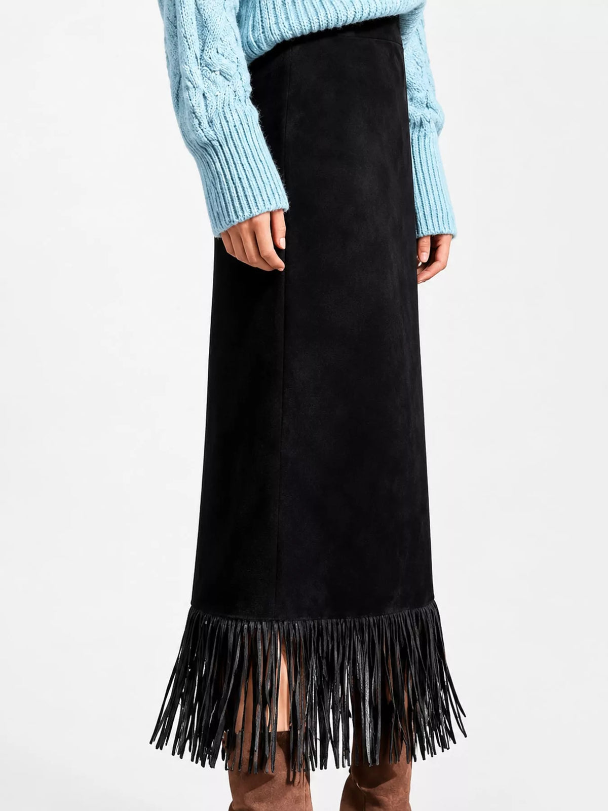 High-Waisted Fringe Midi Skirt