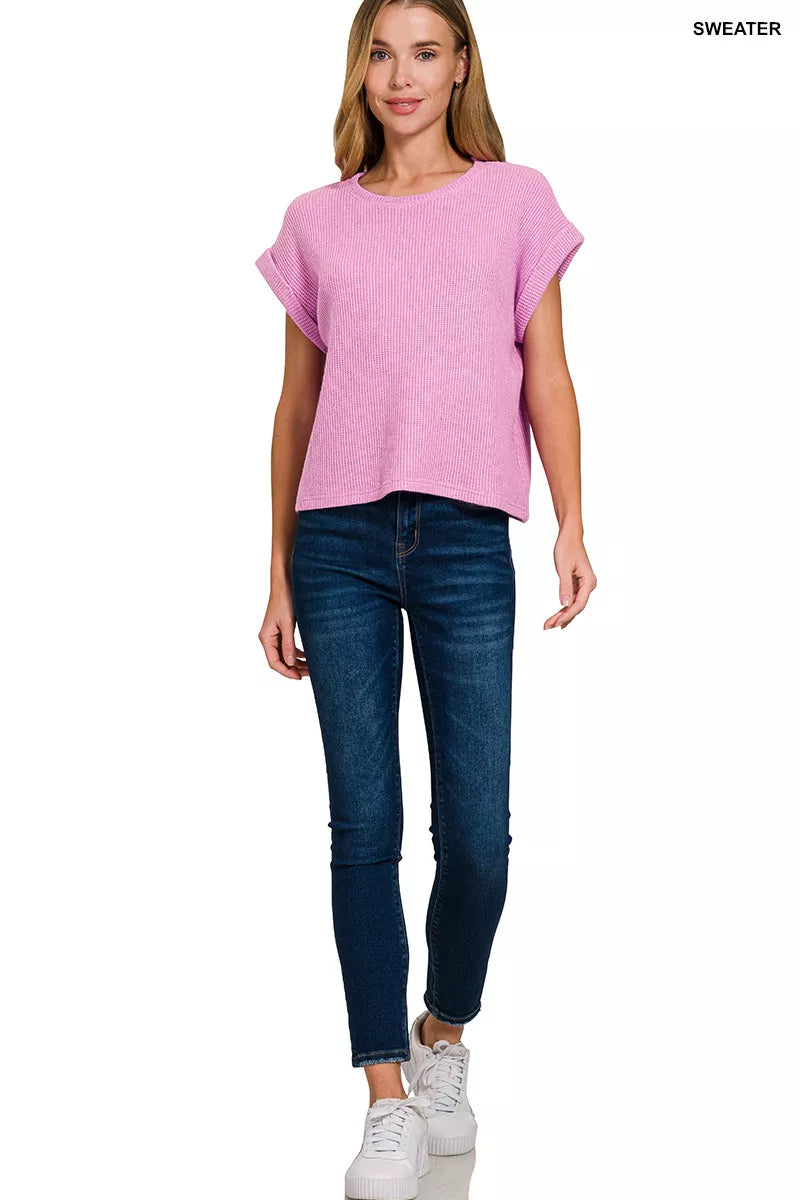 Zenana Crew Neck Short Sleeve Sweater in Mauve