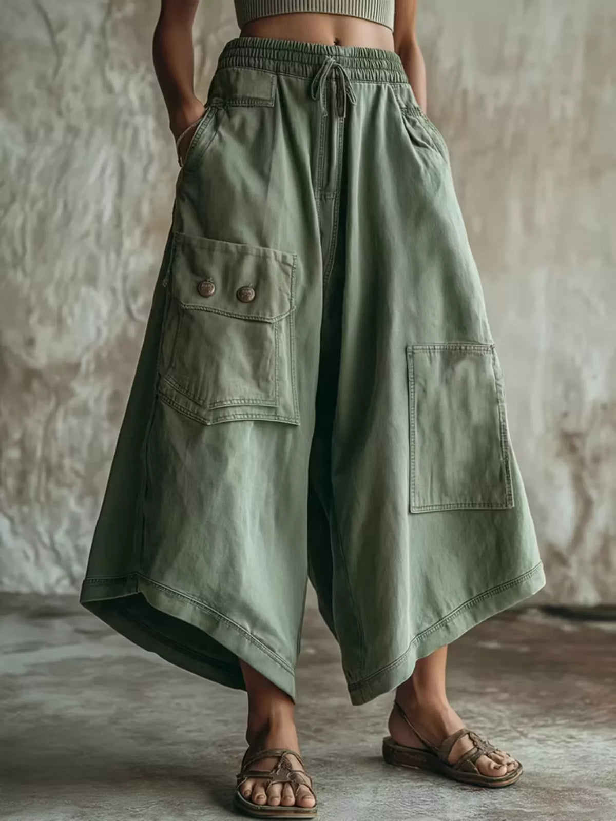 High-Waisted Wide-Leg Cropped Cargo Pants