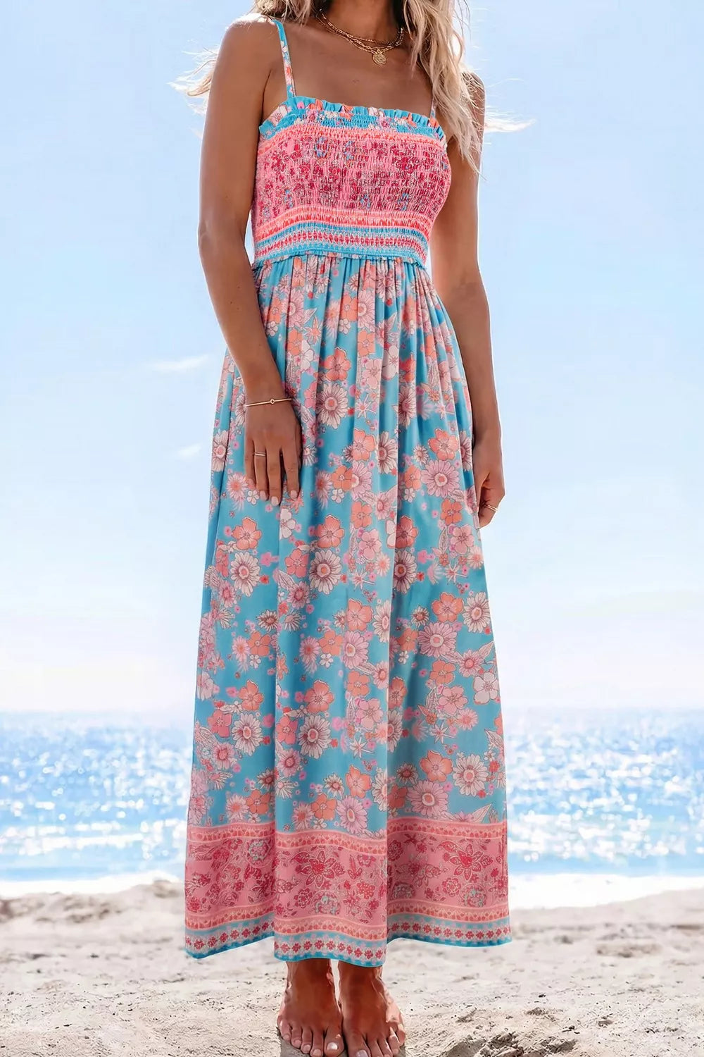 Smocked Spaghetti Strap Maxi Dress in Floral