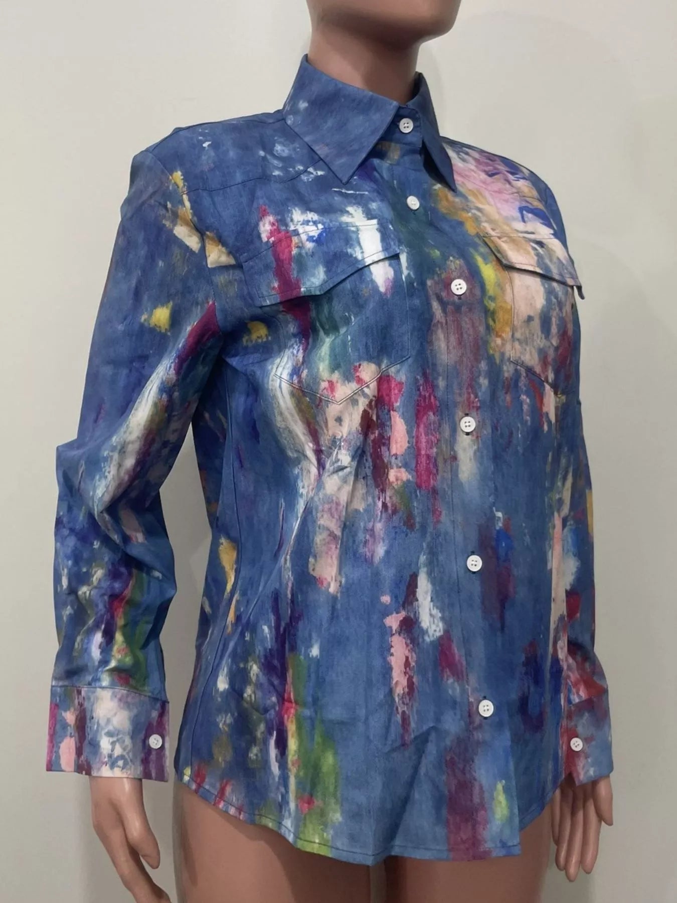 Painted Long Sleeve Denim Shirt in Medium Wash