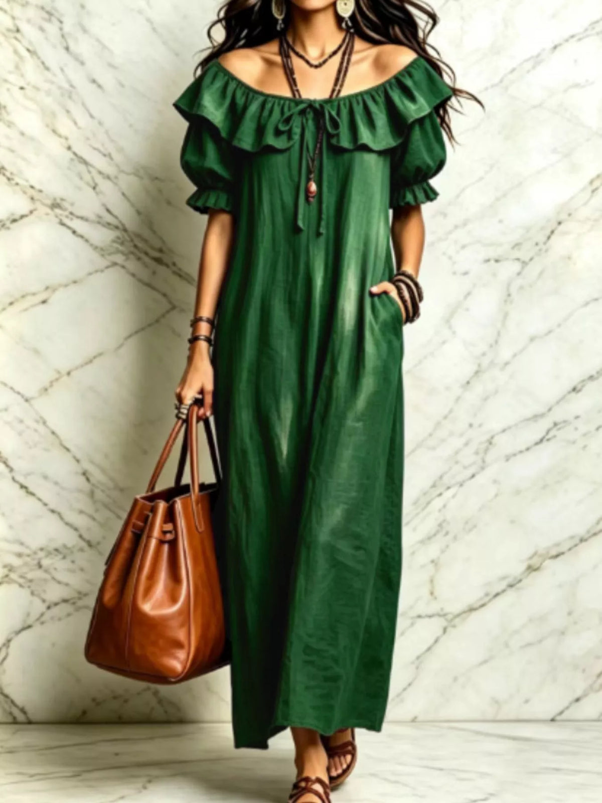 Puff Sleeve Ruffle Trim Maxi Dress