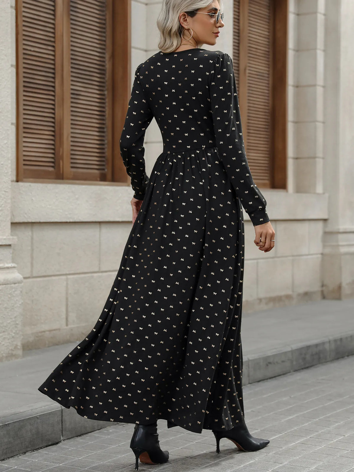 Bow V-Neck Maxi Dress in Black
