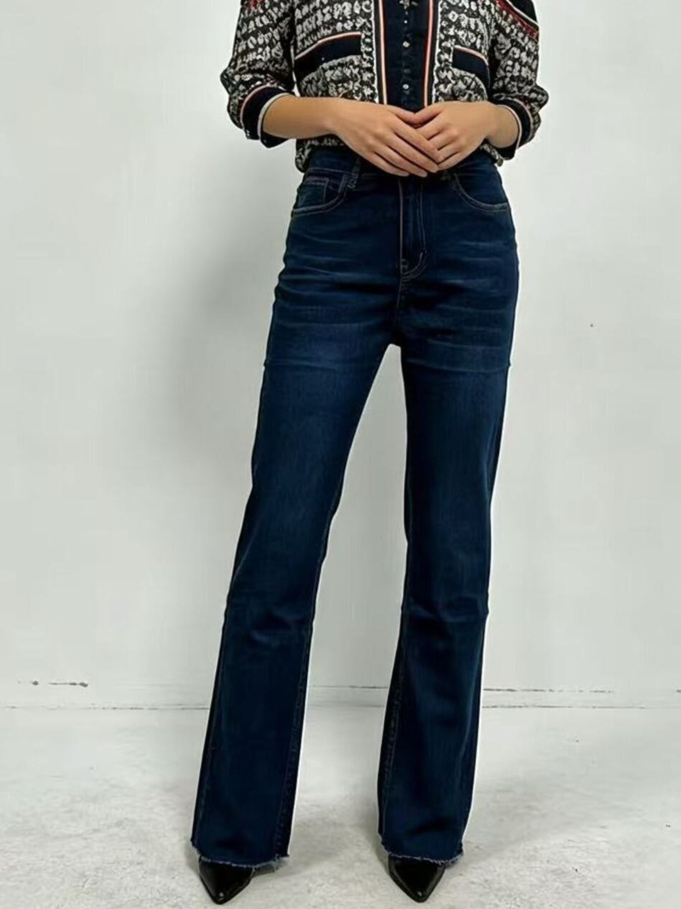 High-Waisted Bootcut Jeans in Medium Wash by Dreamy Drapes