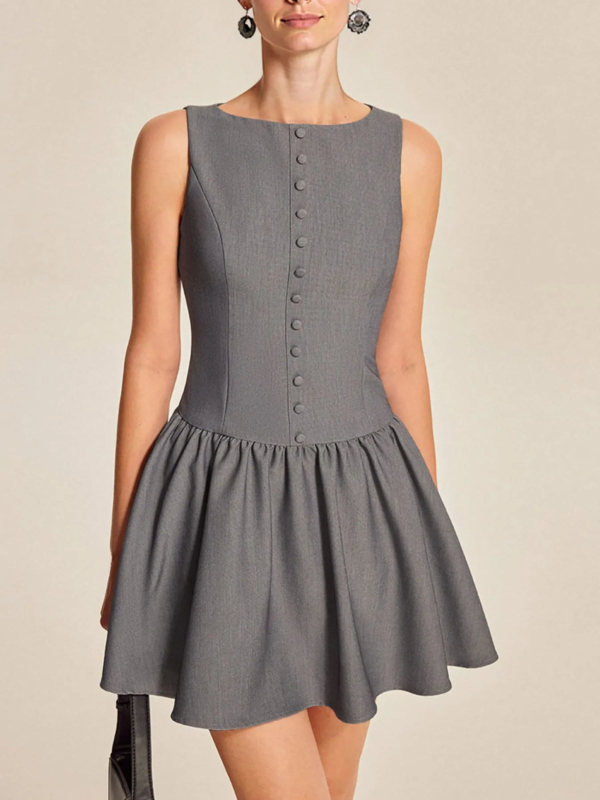 Round-Neck Sleeveless Ruffled Mini Dress in Gray
