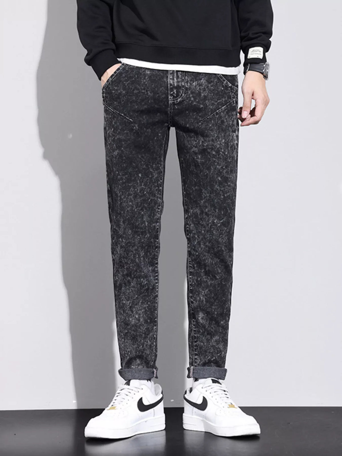 Vintage Acid Wash Slim Fit Jeans in Dark Gray by True Self