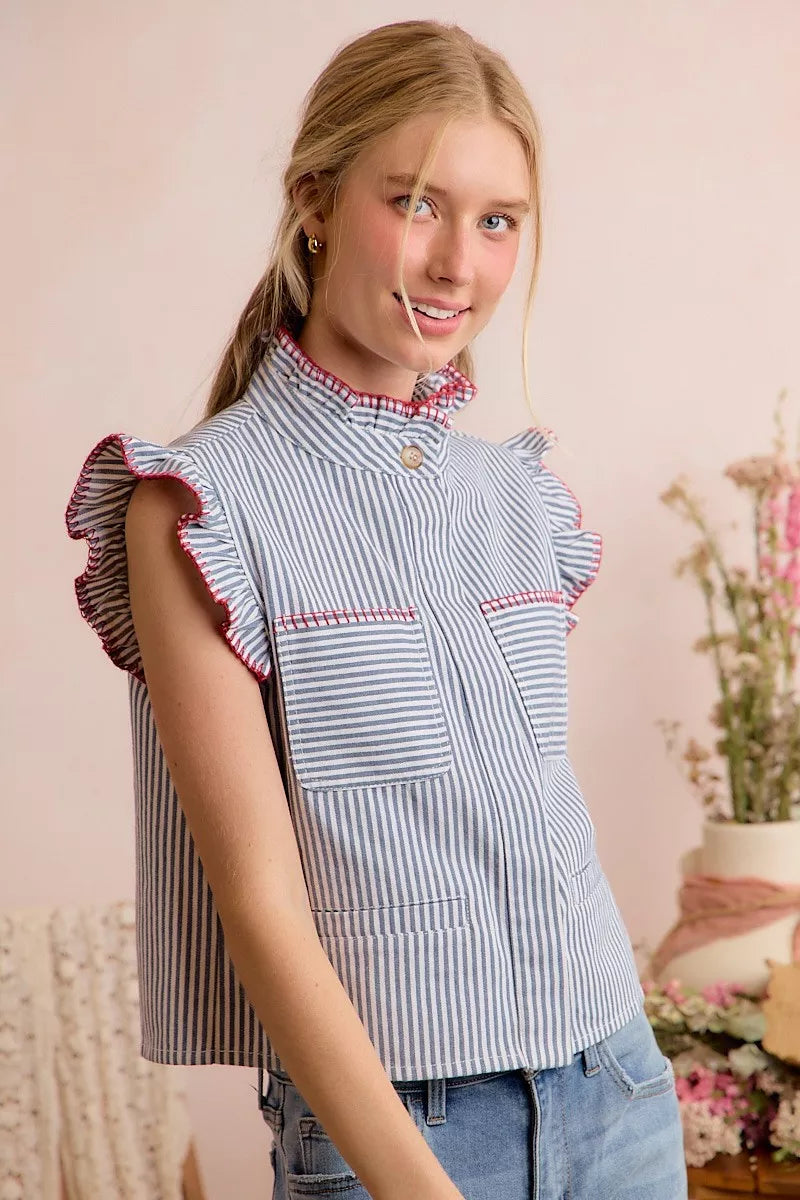 So Me Striped Ruffled Vest Top in Blue and Red in Blue/Red