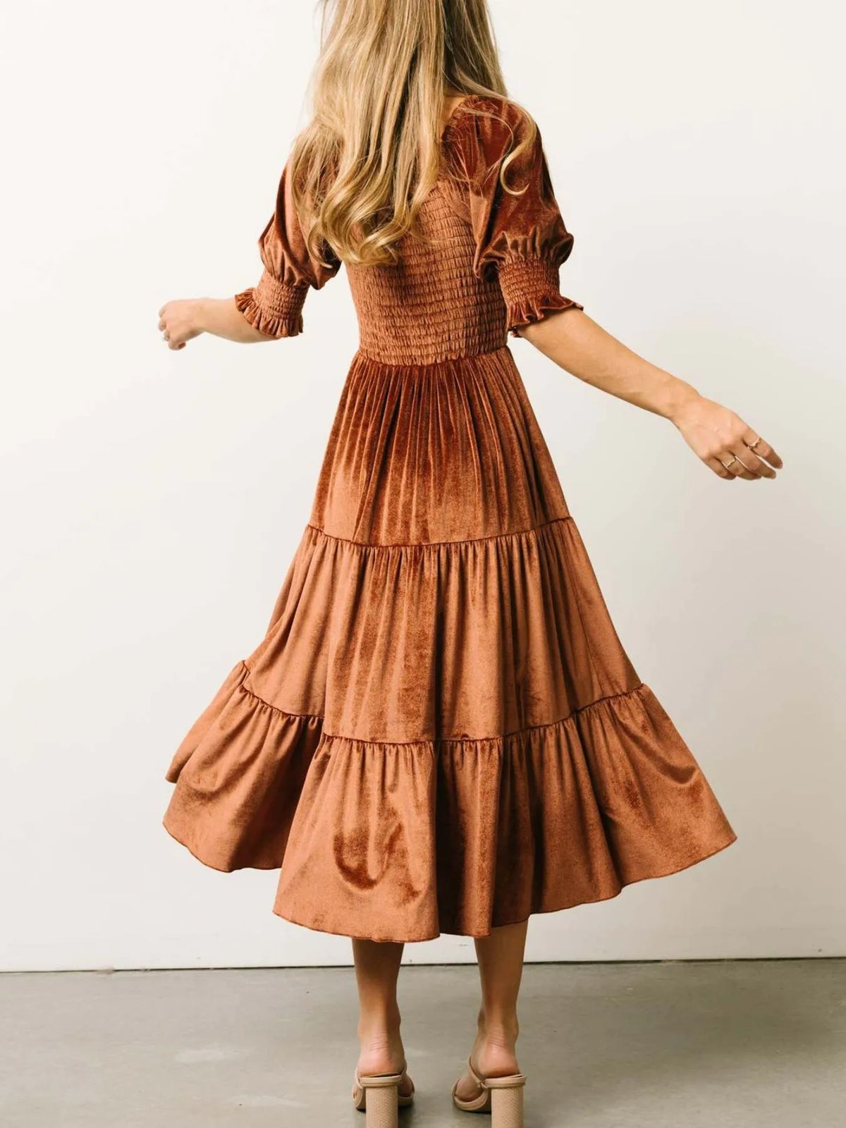 Smocked Half-Sleeve Tiered Midi Dress