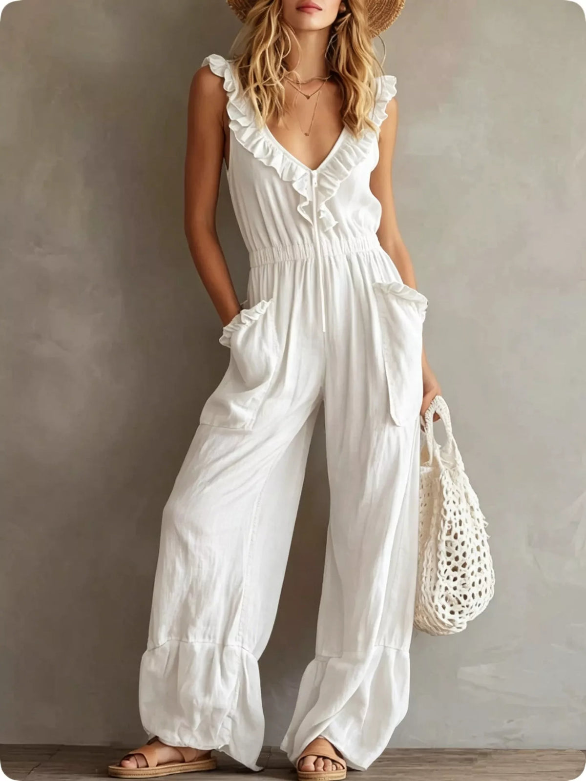 Ruffled V-Neck Jumpsuit with Pockets