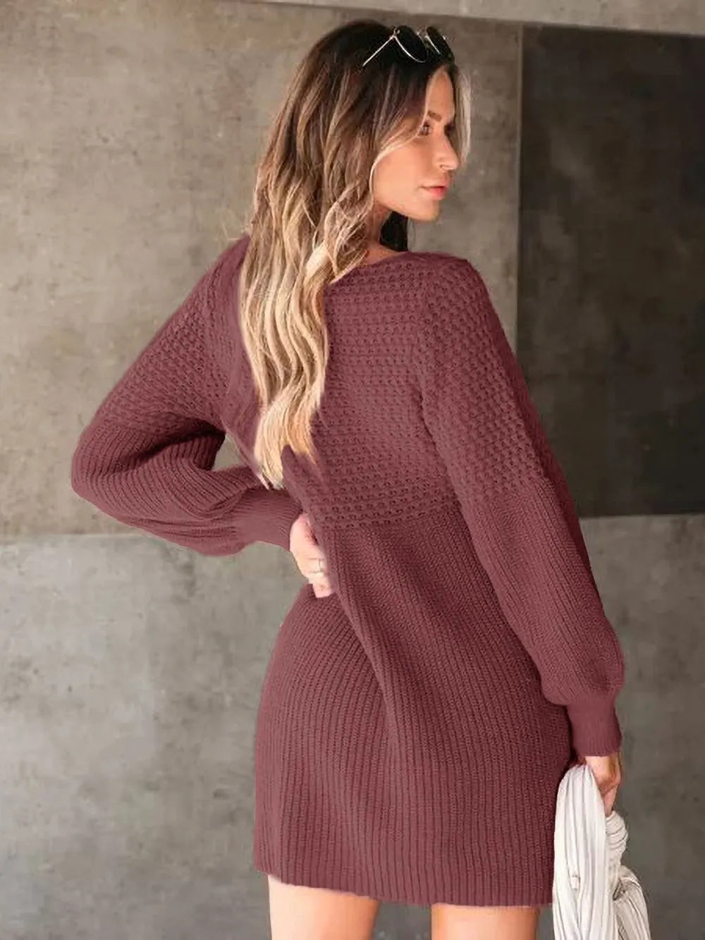 V-Neck Long Sleeve Sweater Dress in Burgundy