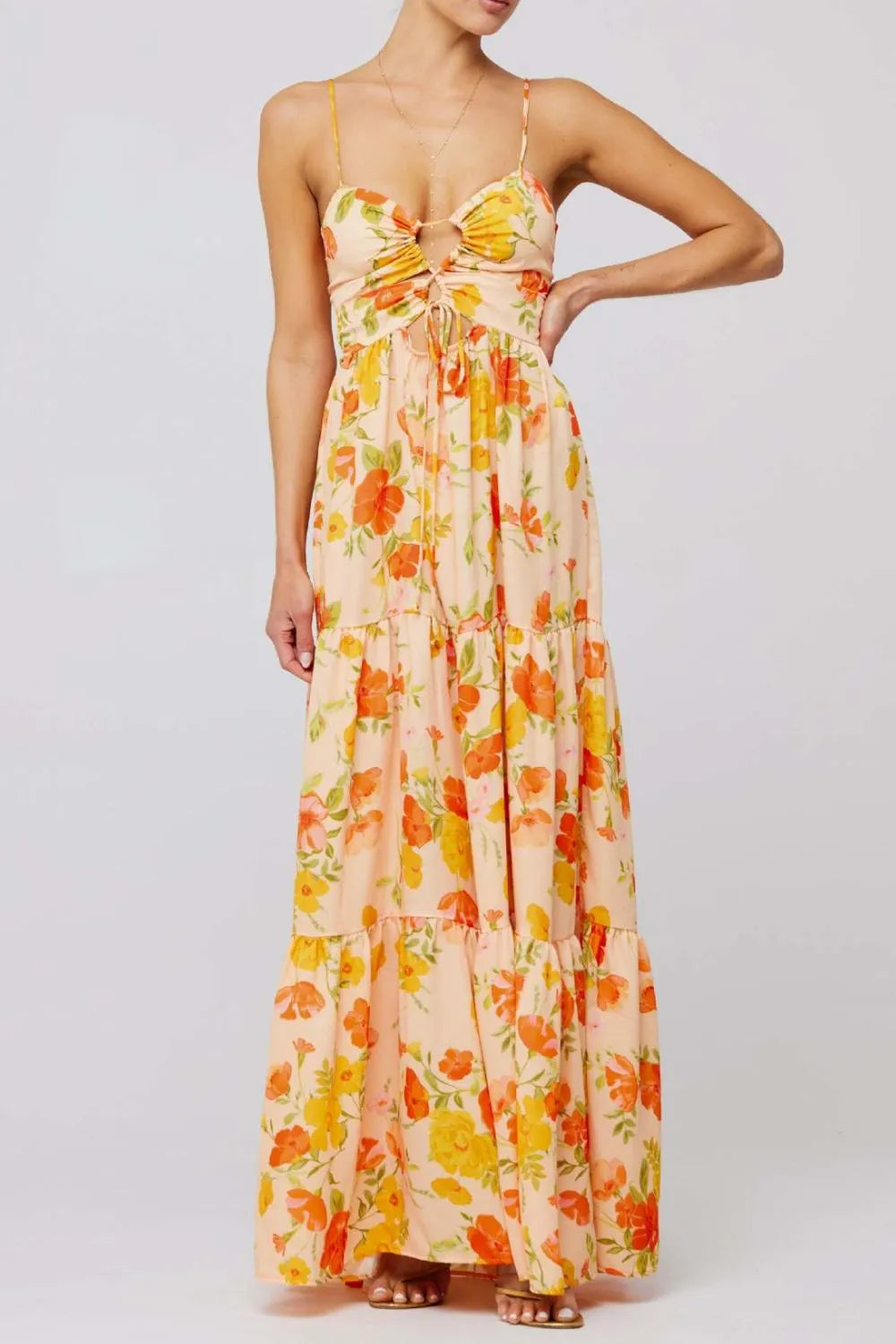 Floral Tie-Front Tiered Maxi Dress