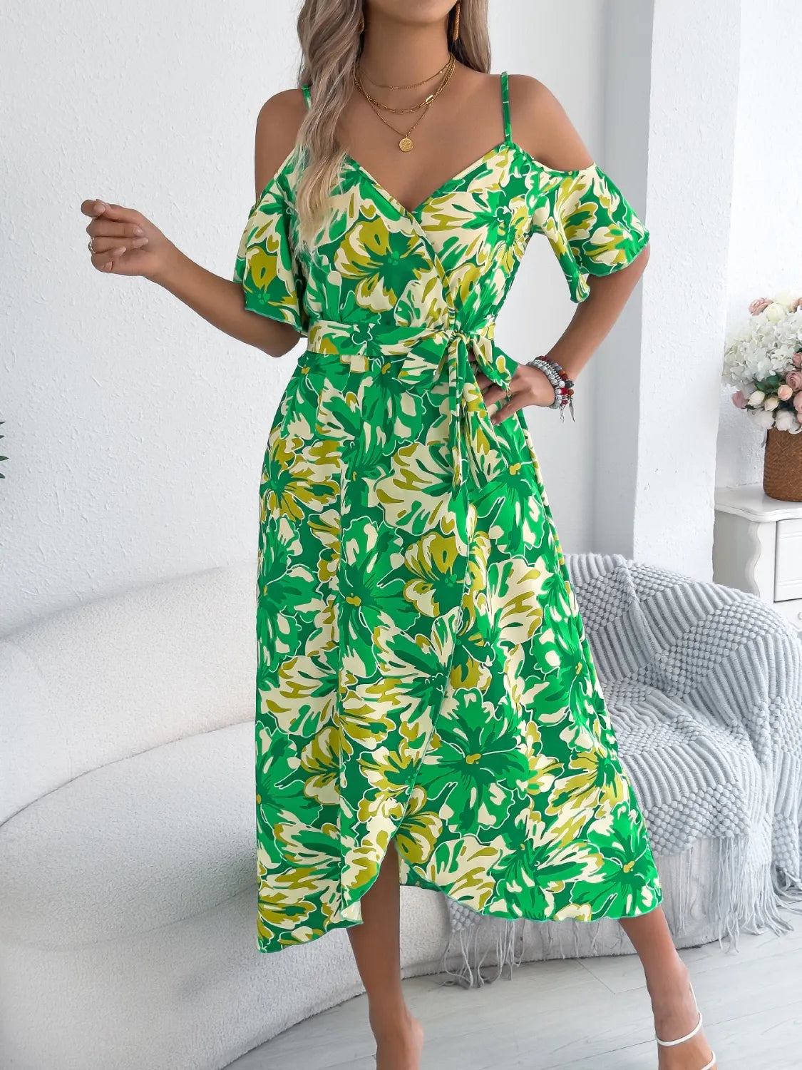 Printed Cold-Shoulder Midi Cami Dress