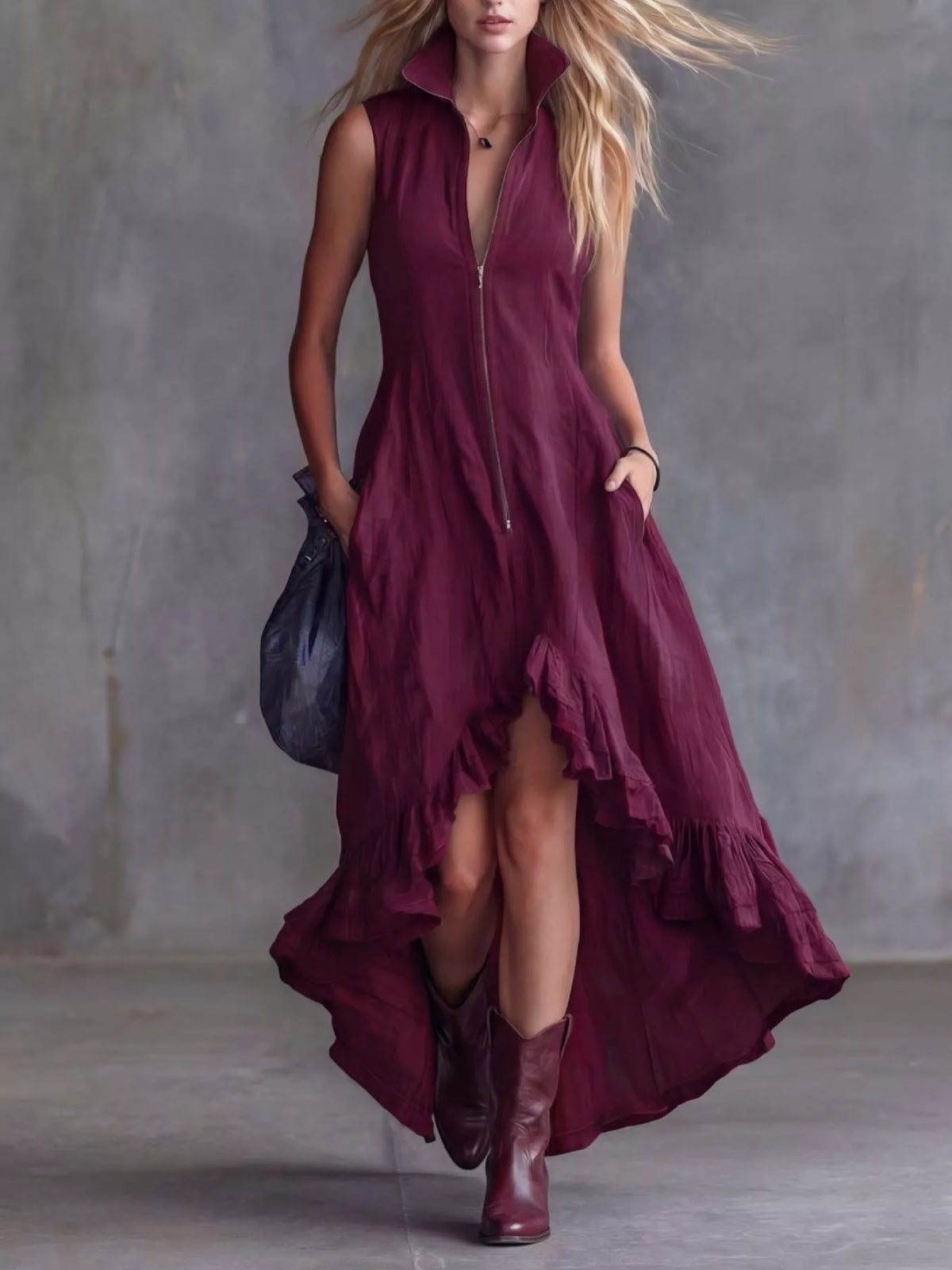 High-Low Ruffled Zip Front Dress