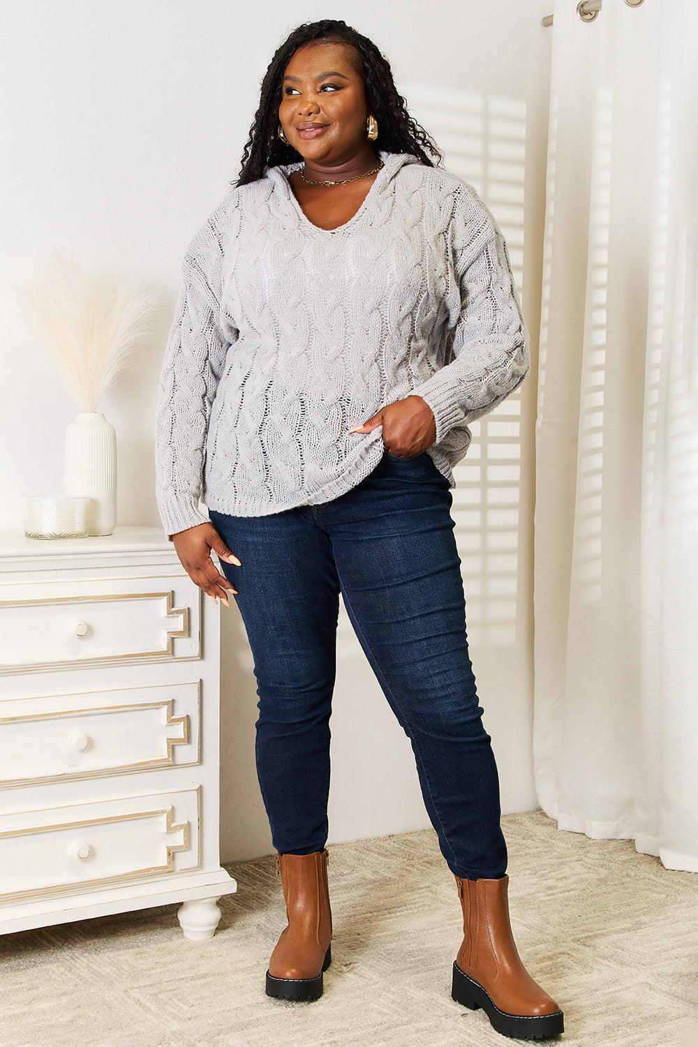 Cable-Knit Hooded Sweater in Light Gray