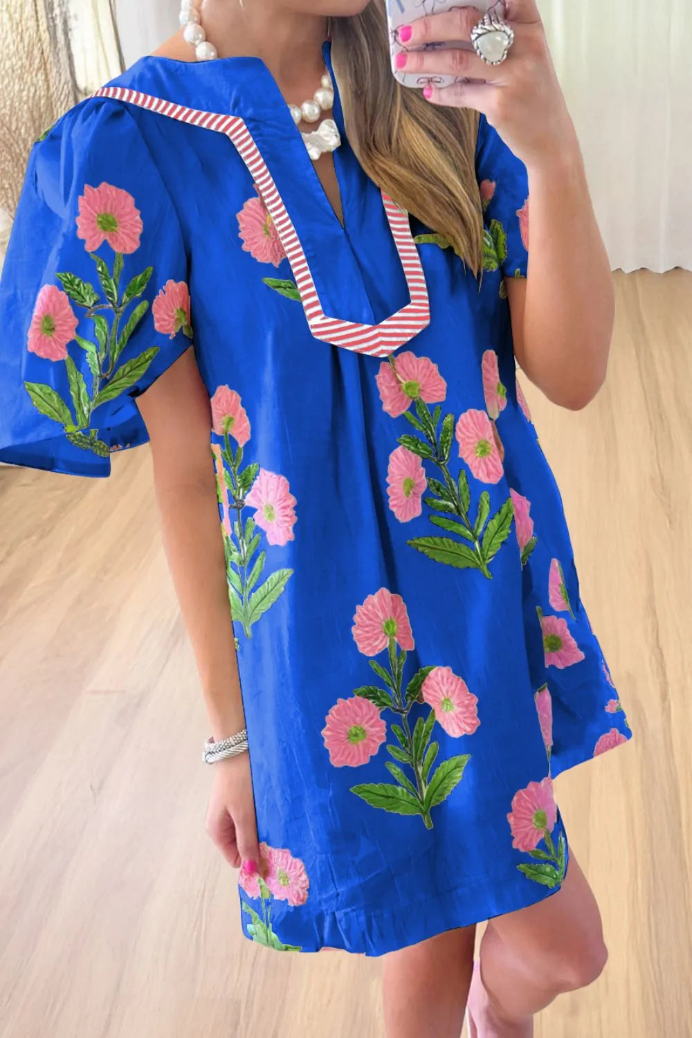 Floral Notched Mini Dress with Striped Trim