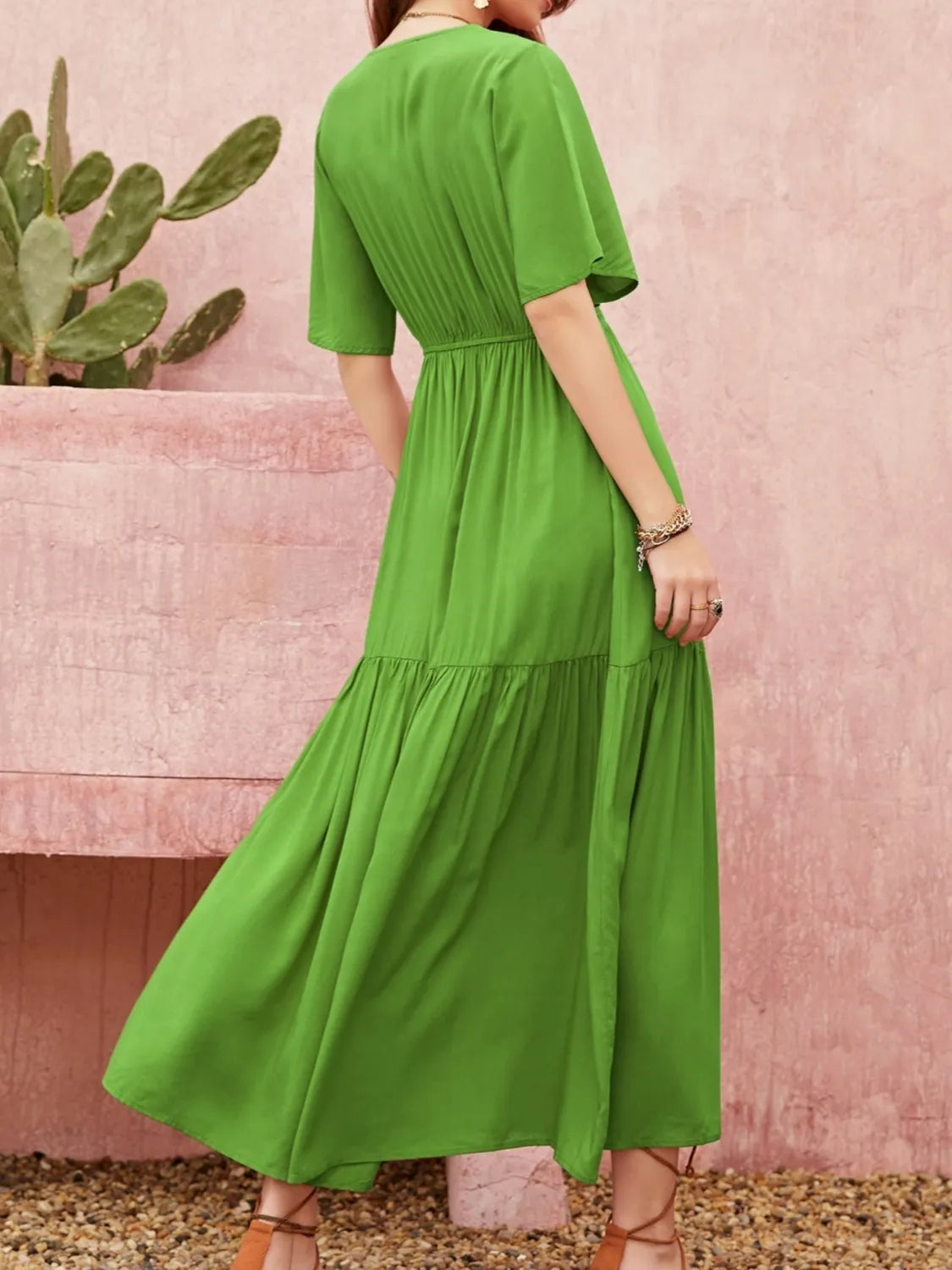 Lace Detail Tied V-Neck Dress in Green