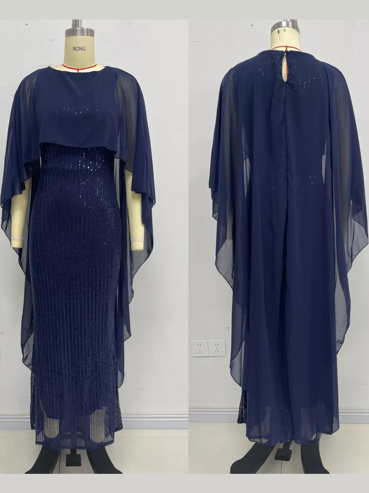 Sequin Cape-Overlay Evening Dress