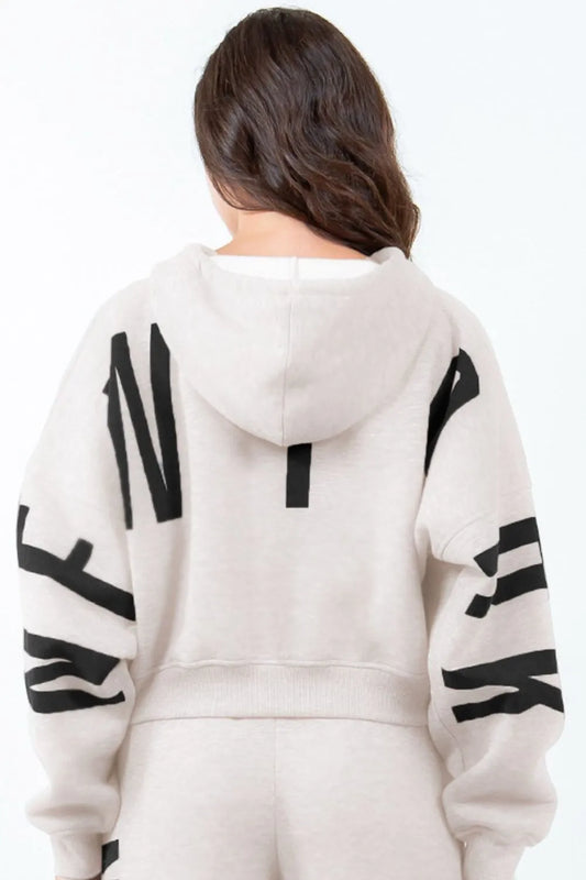 American Bazi Graphic Cropped Hoodie in Almond Black in Almond/black