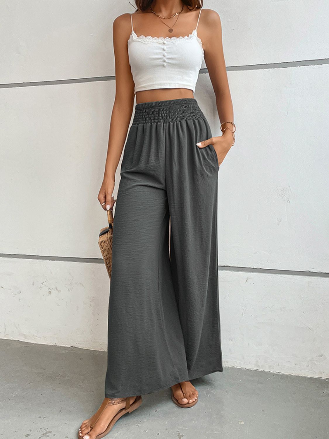 Wide Waistband Relaxed Fit Long Pants