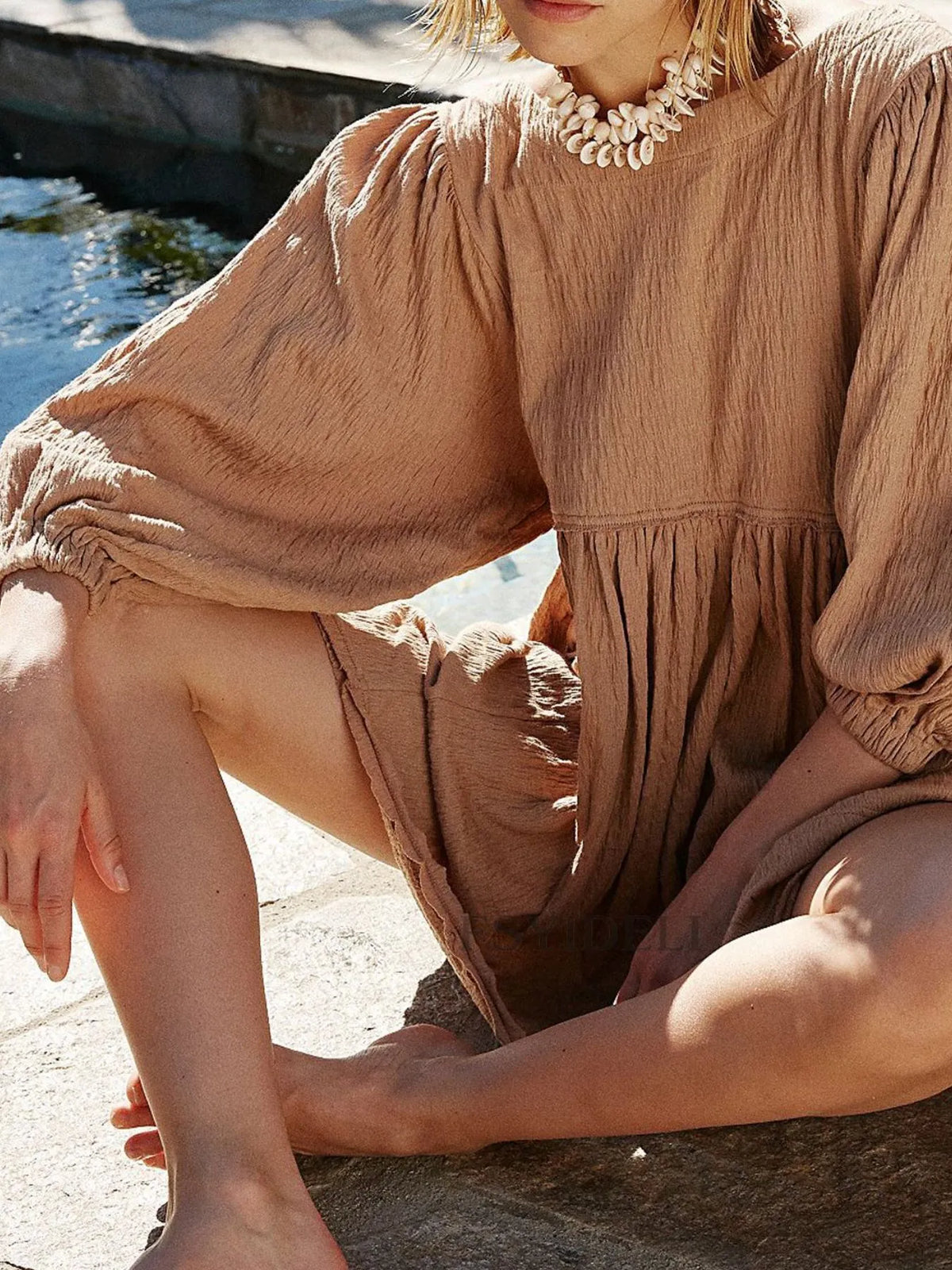 Relaxed Textured Babydoll Mini Dress with Keyhole Back