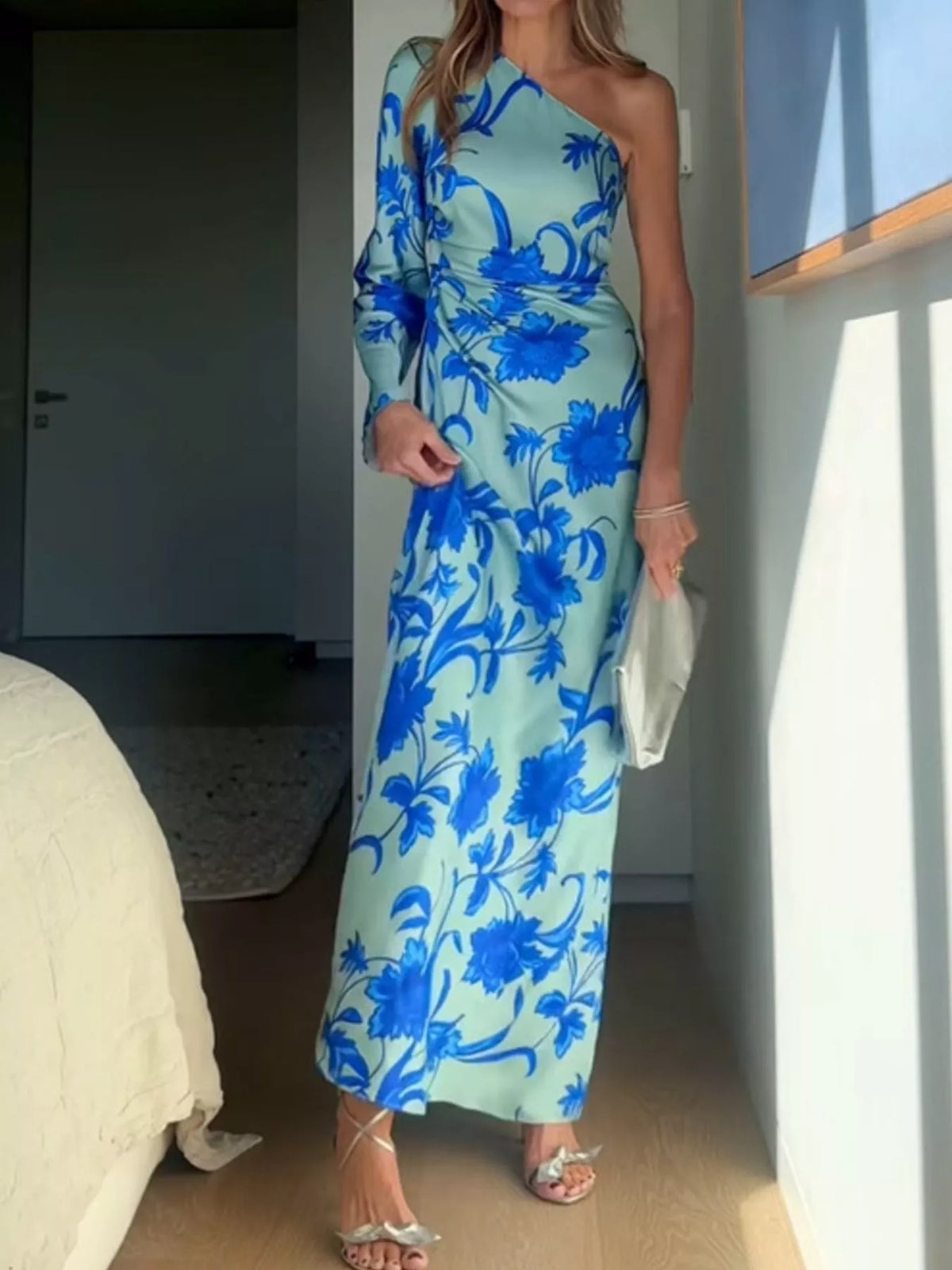 Floral One-Shoulder Maxi Dress in Sky Blue