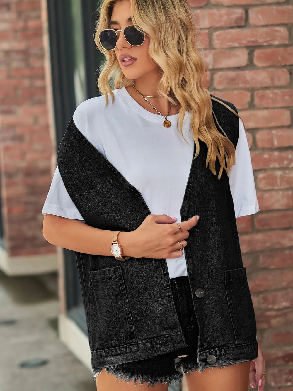 V-Neck Button-Up Denim Vest in Medium by Moni Wear