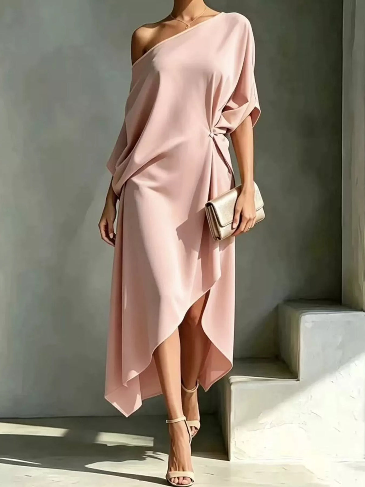 One-Shoulder Asymmetric Hem Midi Dress