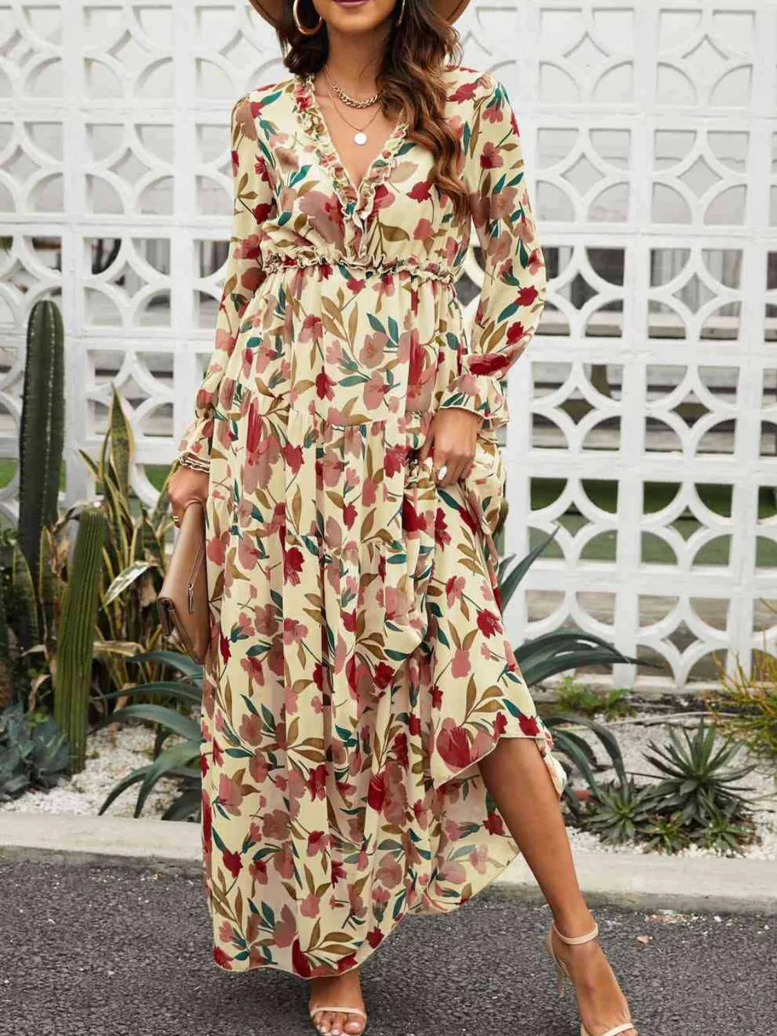 Frill V-Neck Flounce Sleeve Dress in Burnt Coral