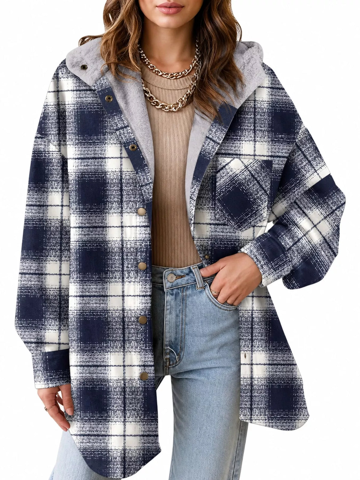 Plaid Hooded Button-Up Jacket