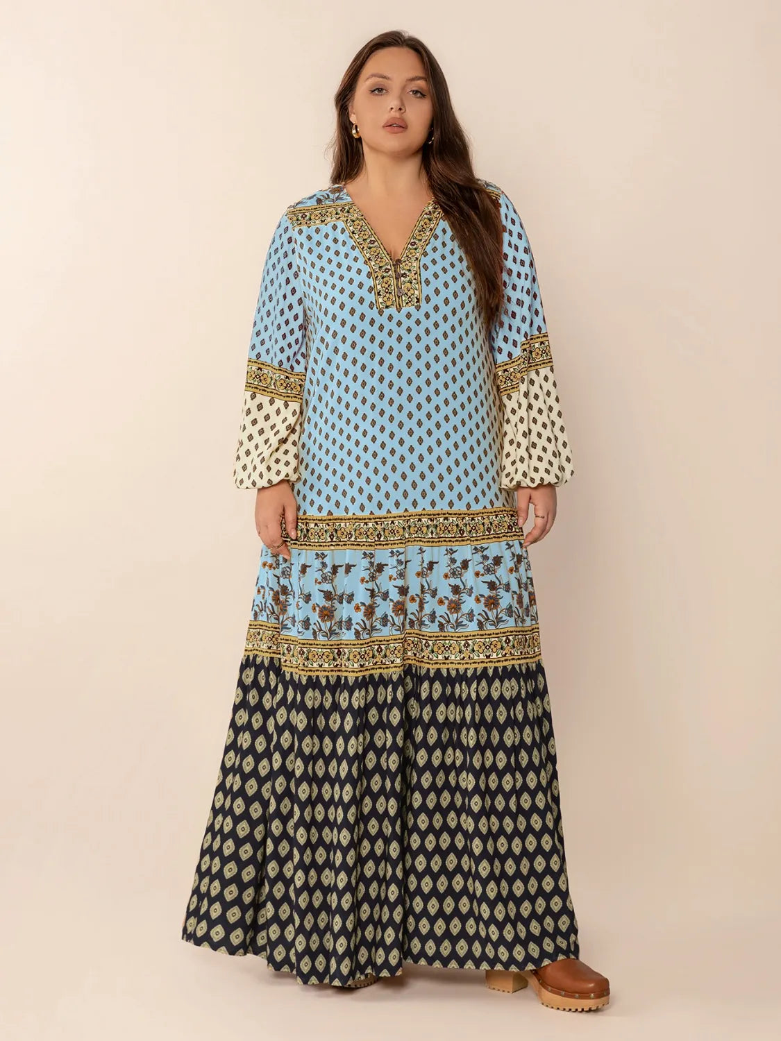 V-Neck Balloon Sleeve Maxi Dress in Sky Blue
