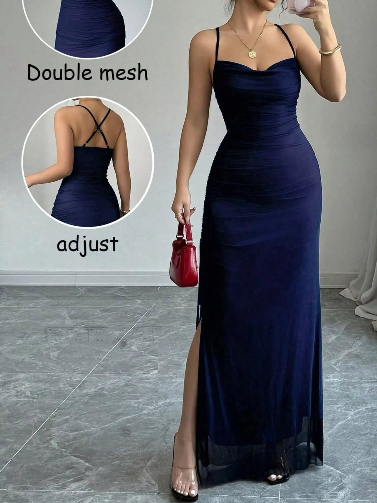 Ruched Slit Maxi Dress in Blue