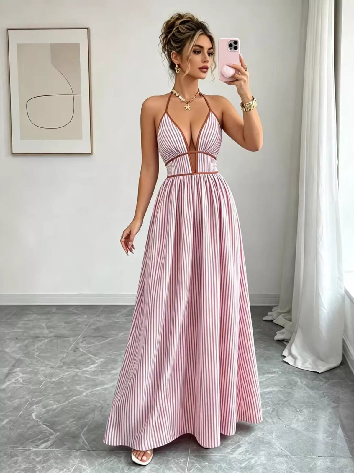 Striped Smocked Halter Neck Maxi Dress