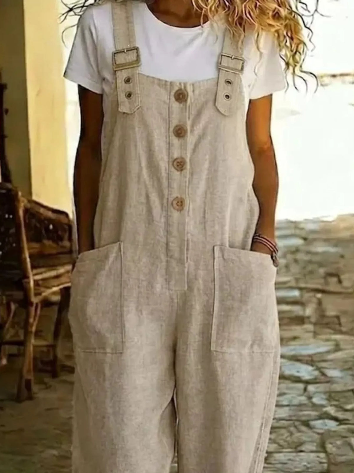 Button Front Wide Leg Overalls