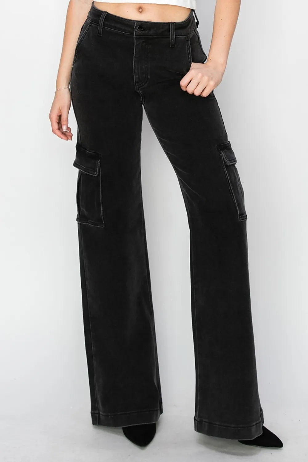 Risen High Rise Wide Leg Cargo Jeans in Black