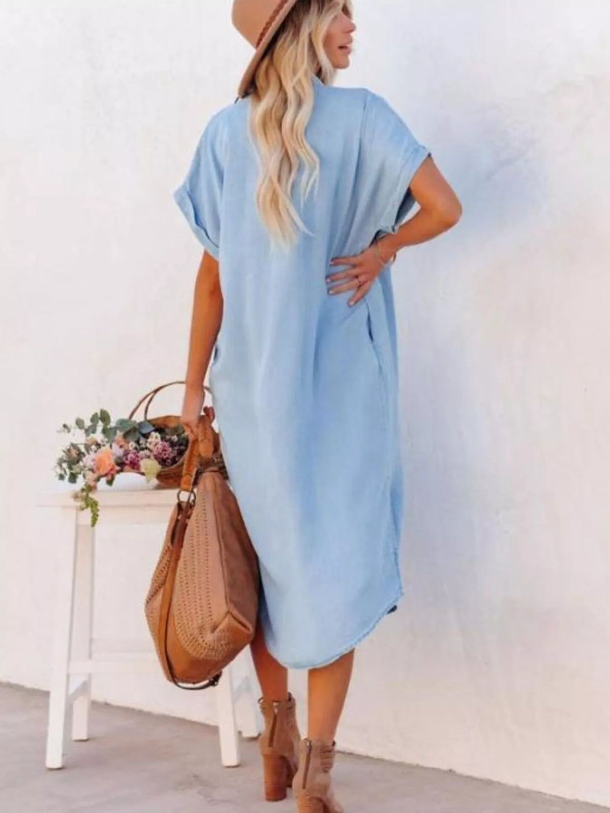 Button-Front Shirt Dress in Light Blue