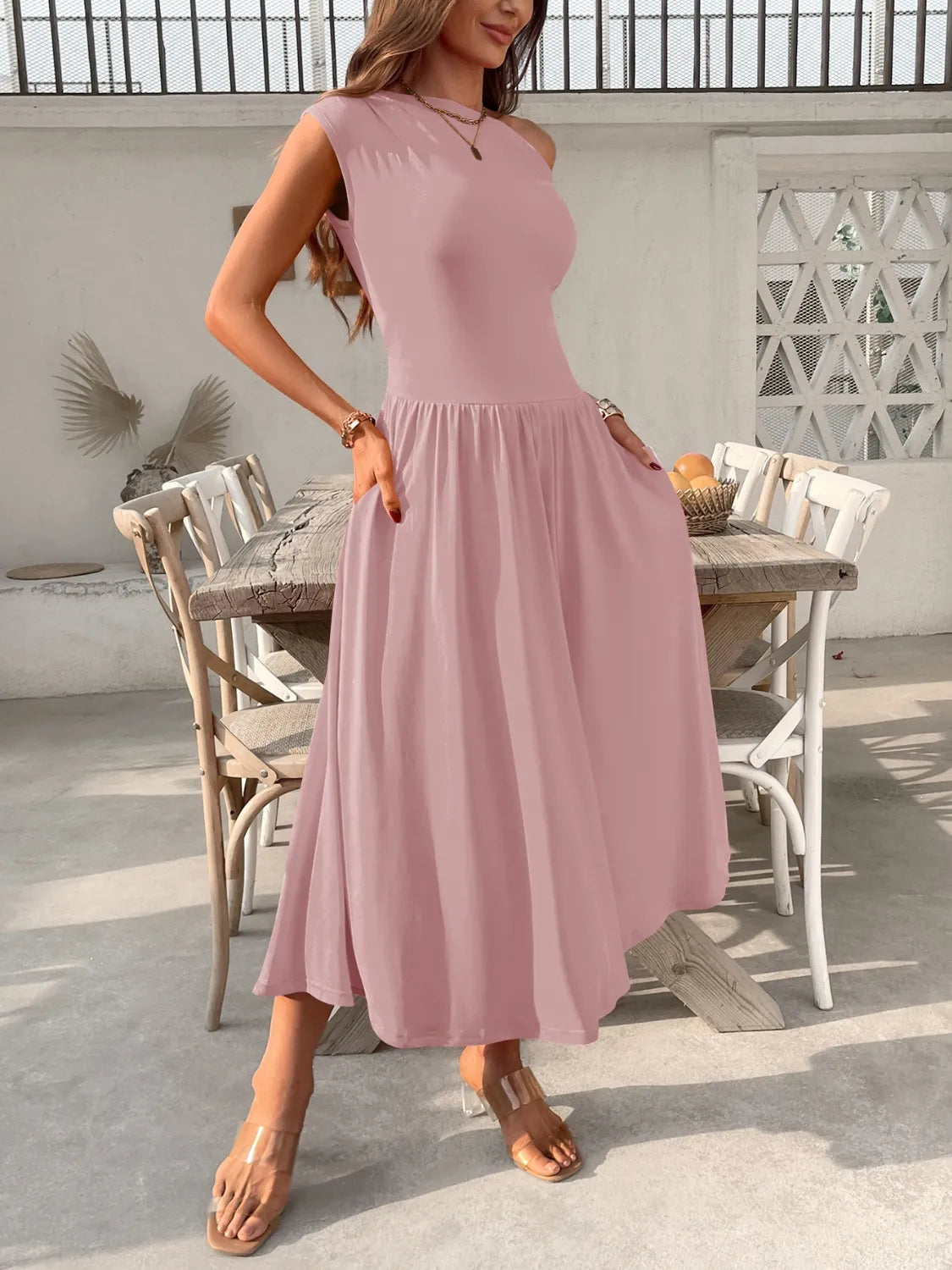 Single-Shoulder Pocketed Dress in Dusty Pink
