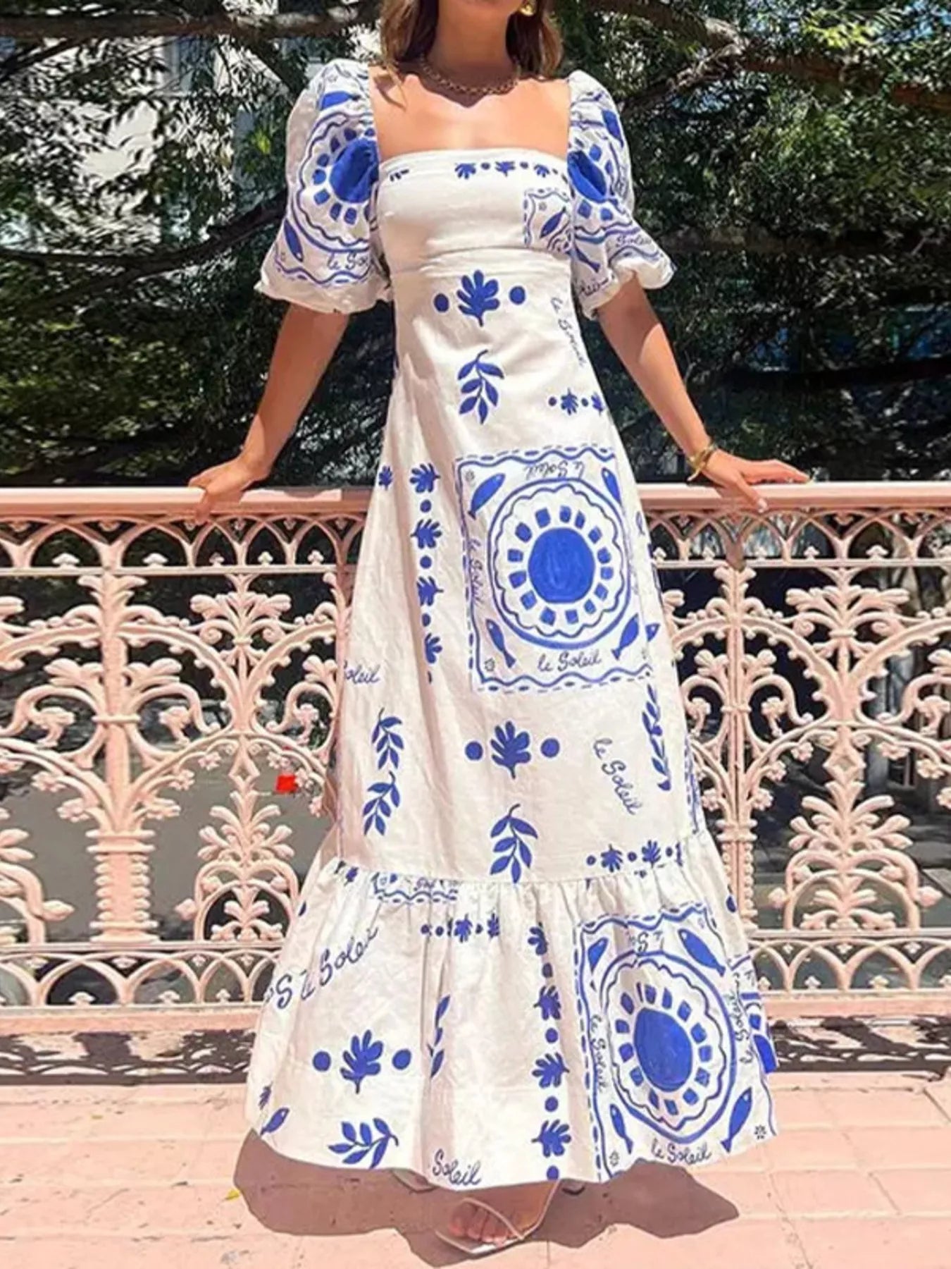 Floral Print Puff Sleeve Maxi Dress
