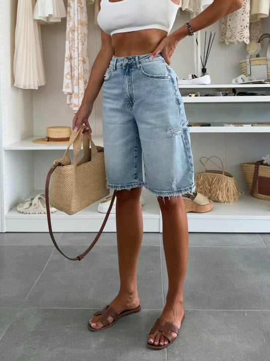 Distressed Denim Shorts in Light Blue