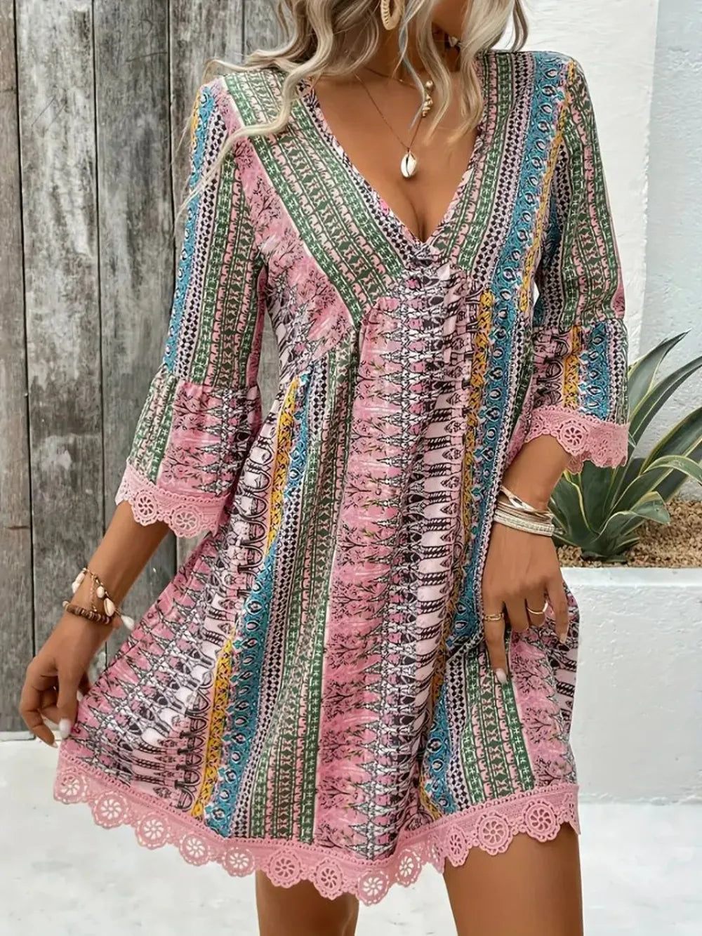 Lace-Trim Printed V-Neck Dress