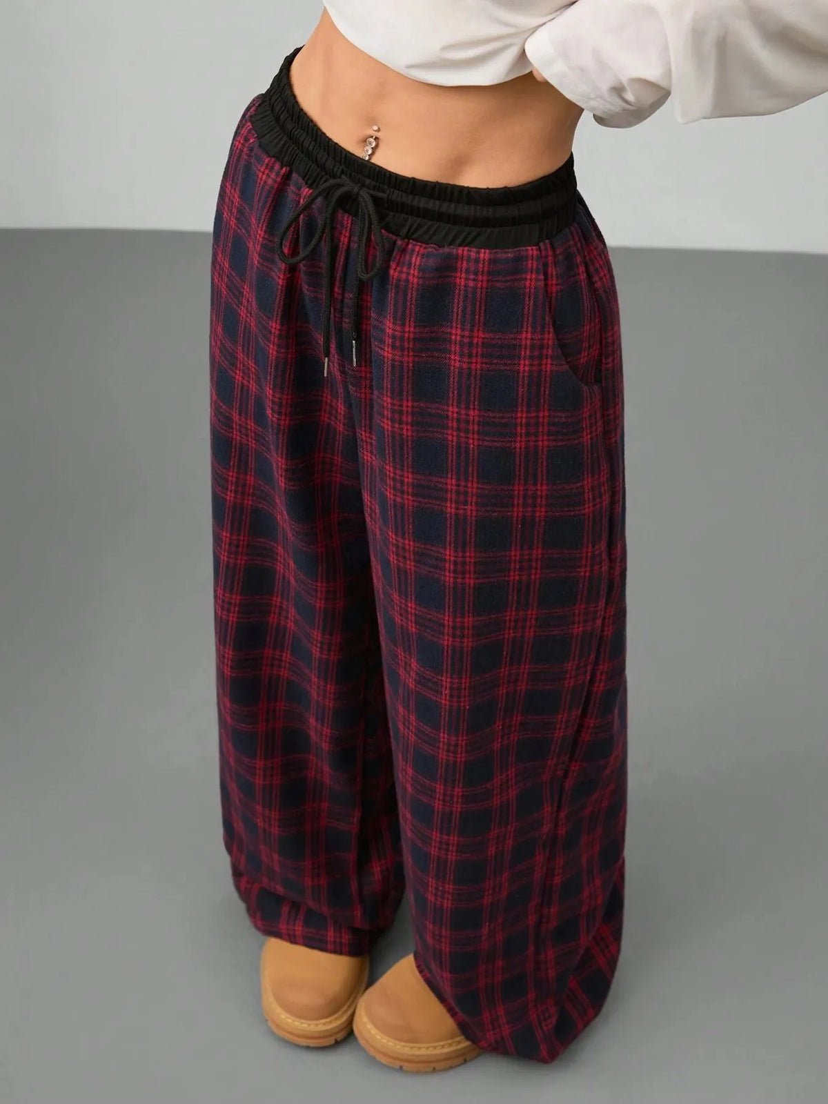 Plaid Wide-Leg Drawstring Pants in Scarlet