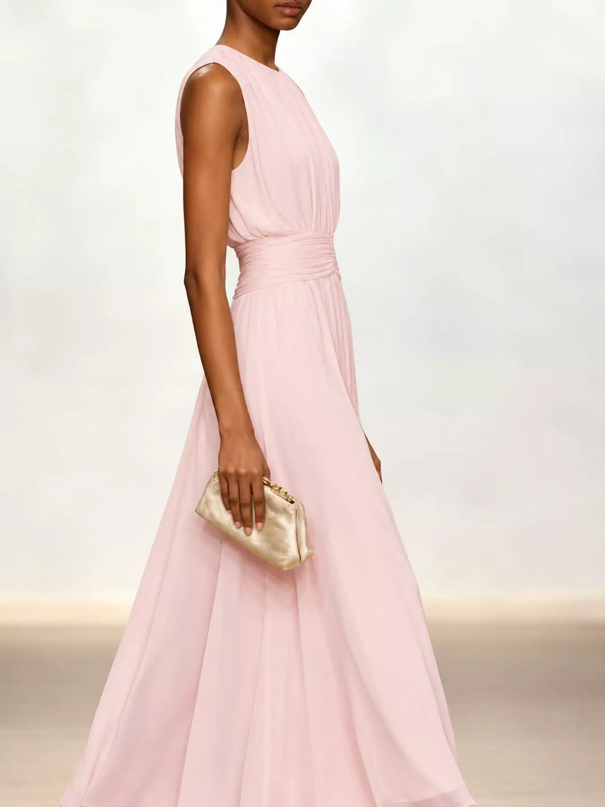 Sleeveless Ruched Chiffon Maxi Dress