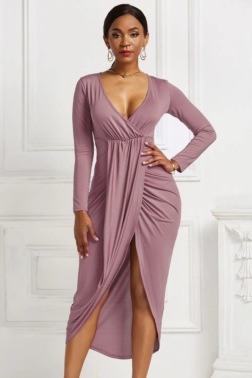 Ruched Surplice Long Sleeve High-Low Dress
