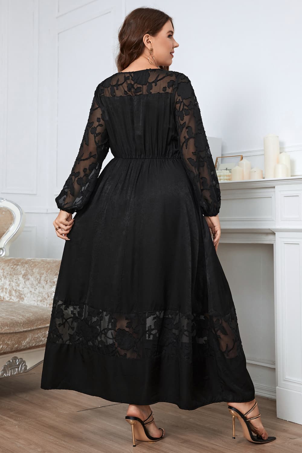 Embroidered Round Neck Long Sleeve Maxi Dress in Black