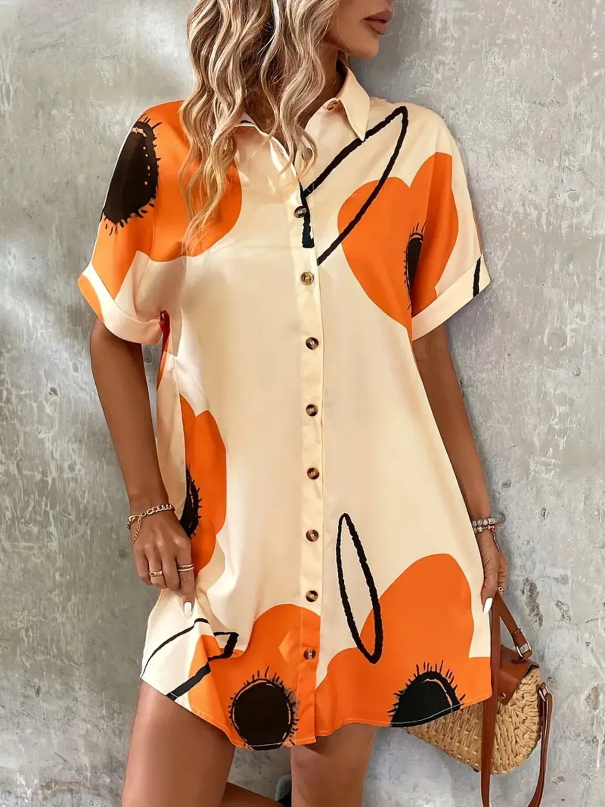Printed Button-Front Shirt Dress in Tan