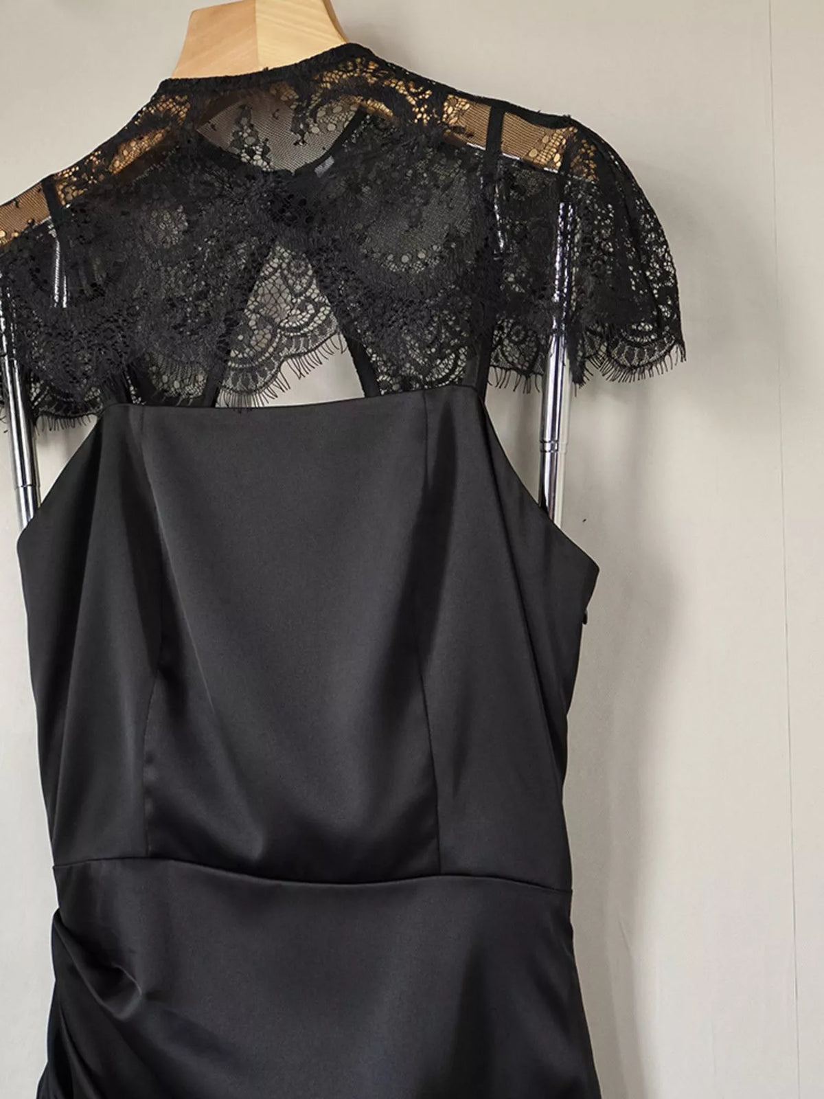 Satin Mini Dress with Lace Detachable Cape in Black