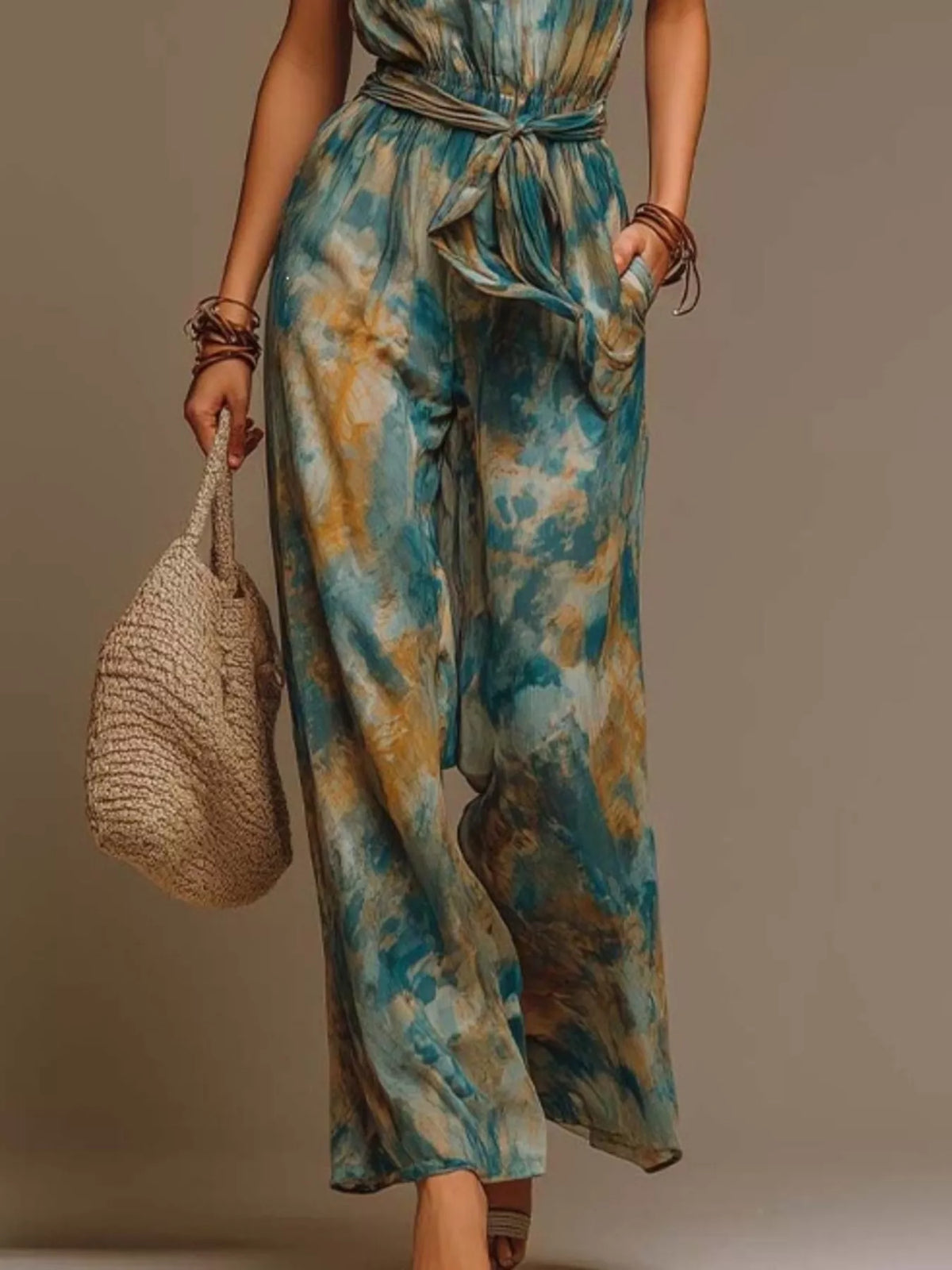Tie-Dye Halter Wide-Leg Jumpsuit in Dark Green
