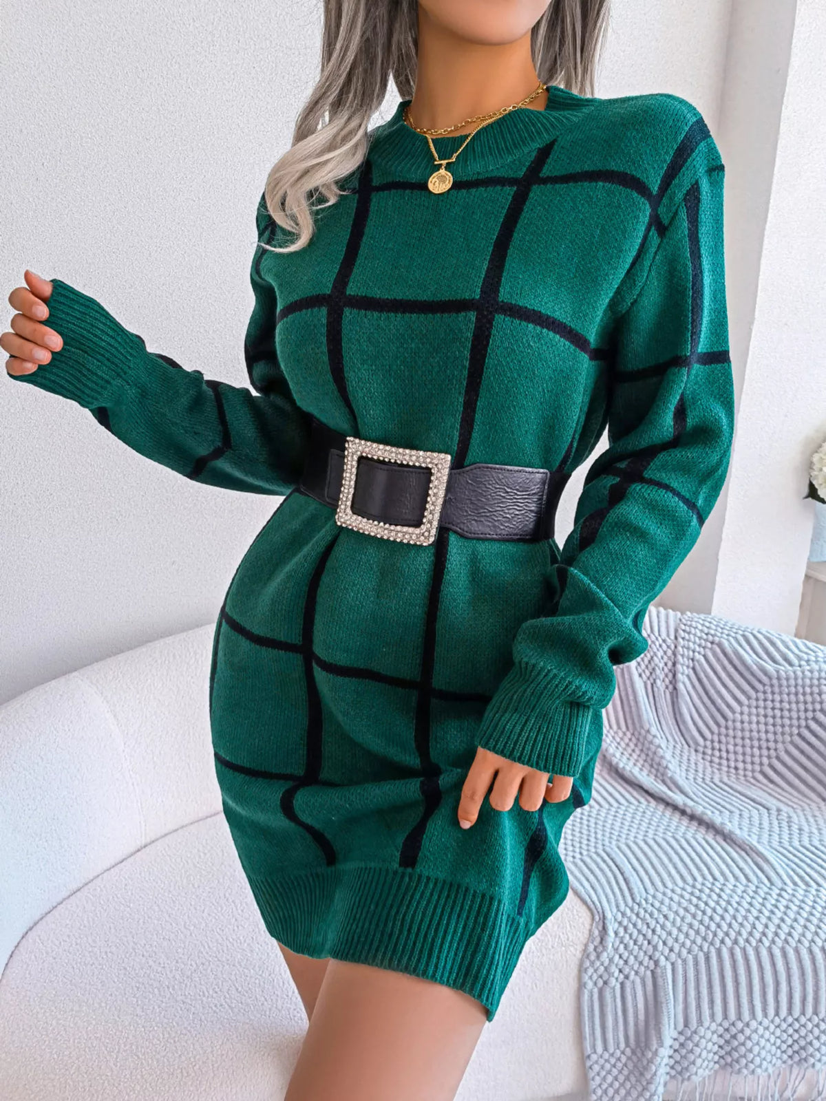 Plaid Long Sleeve Sweater Dress by Clise