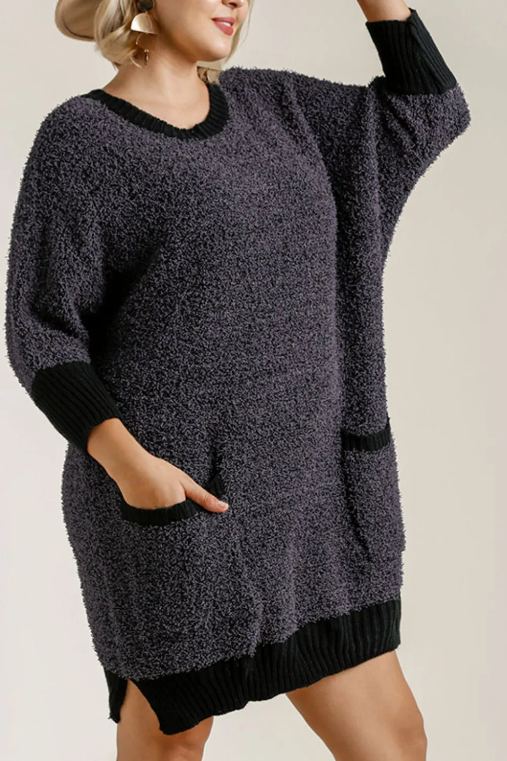Umgee Ribbed Hem Sweater Dress in Black