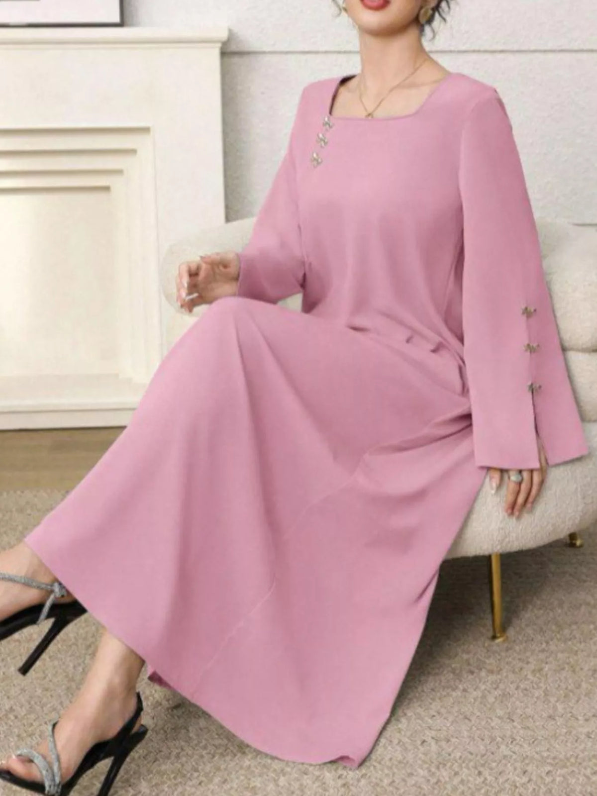 Square Neck Long Sleeve Maxi Dress in Dusty Pink