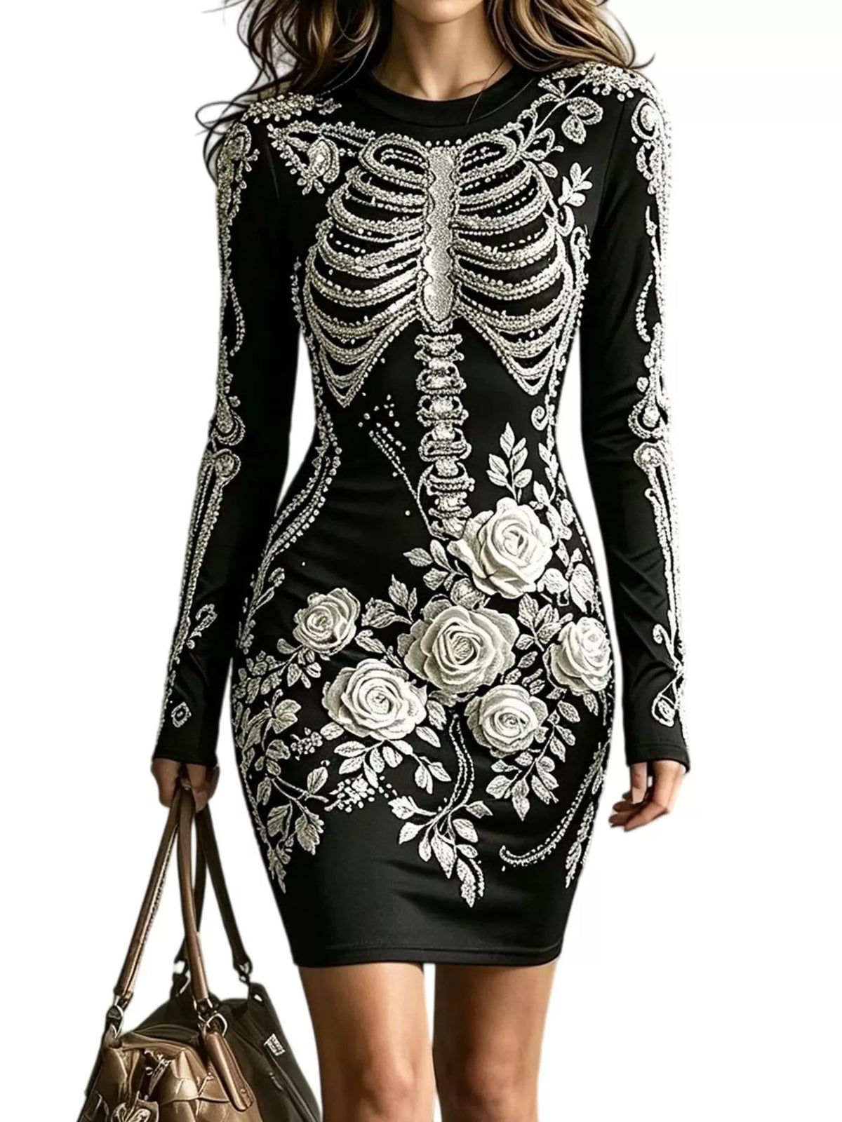 Skeleton Floral Long Sleeve Bodycon Dress